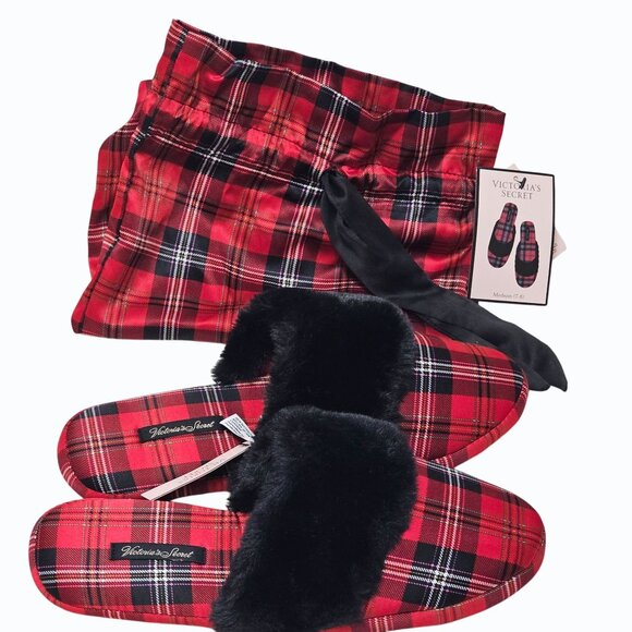 Victoria's Secret Signature Satin Fur Trim Slippers Red Plaid w Dust Bag M 7/8 - Picture 7 of 11